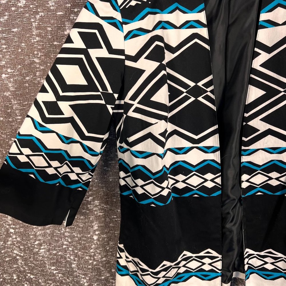 Ivy Chic Jacket Southwestern Print Open‎ Front Lined Side Pockets Black & Blue - Picture 4 of 6